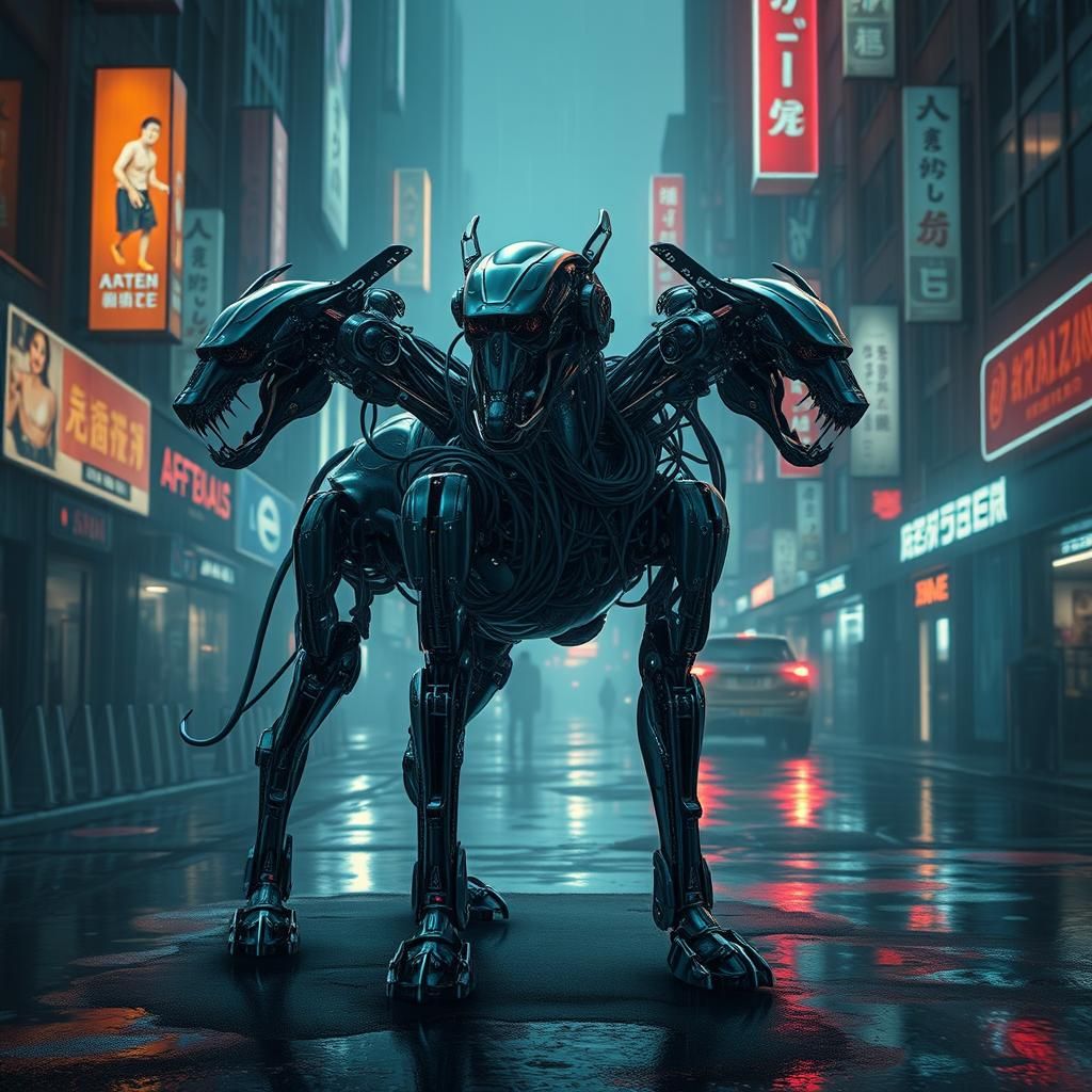 Cyborg Cerberus in Dystopian Cyberpunk Cityscape