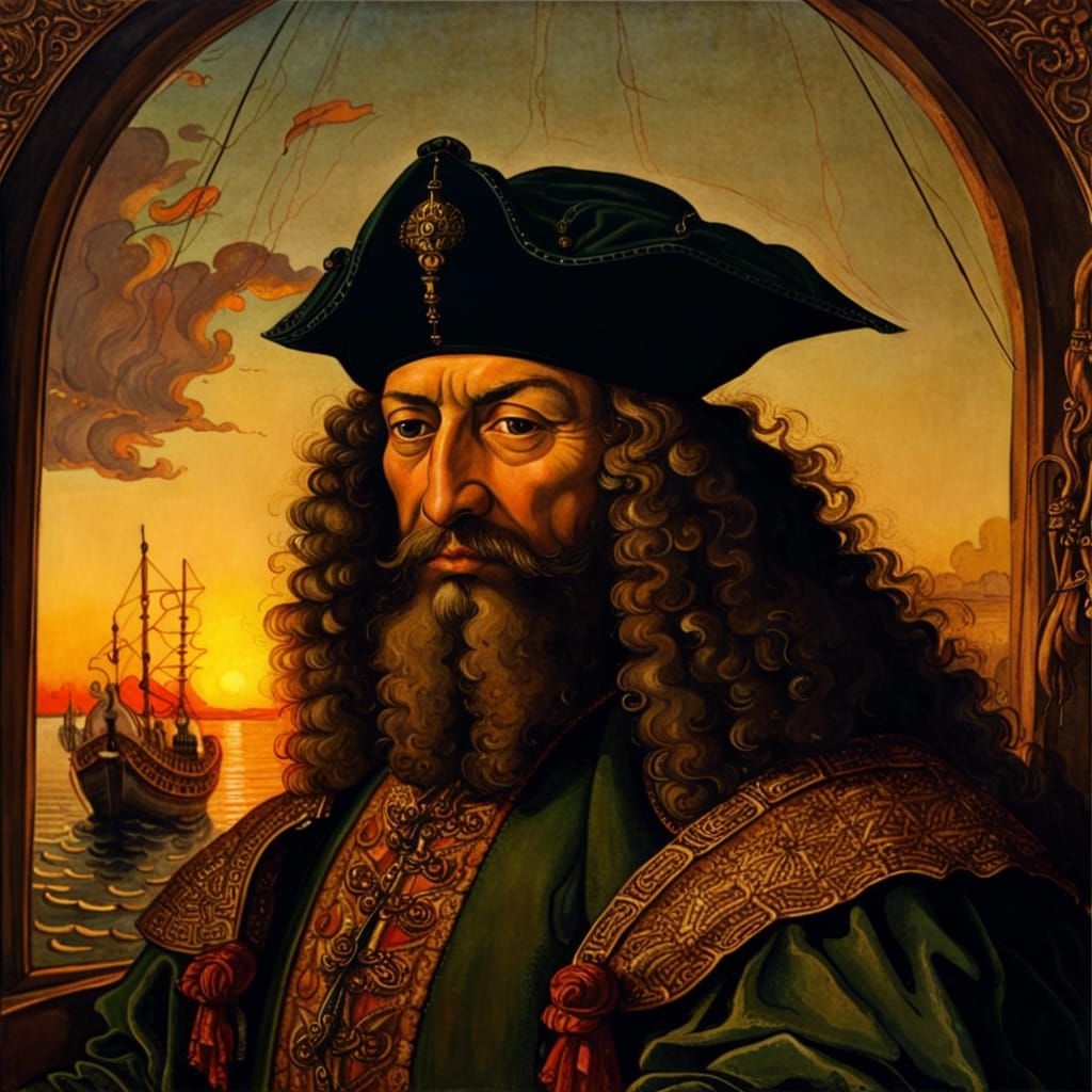 Hayreddin Barbarossa Pilots His Ship: Dürer-Style Portrait