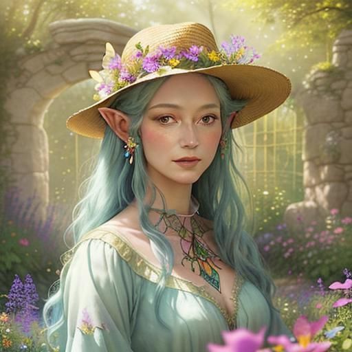 Elven Woman in Stained Glass Garden, Art Nouveau Style