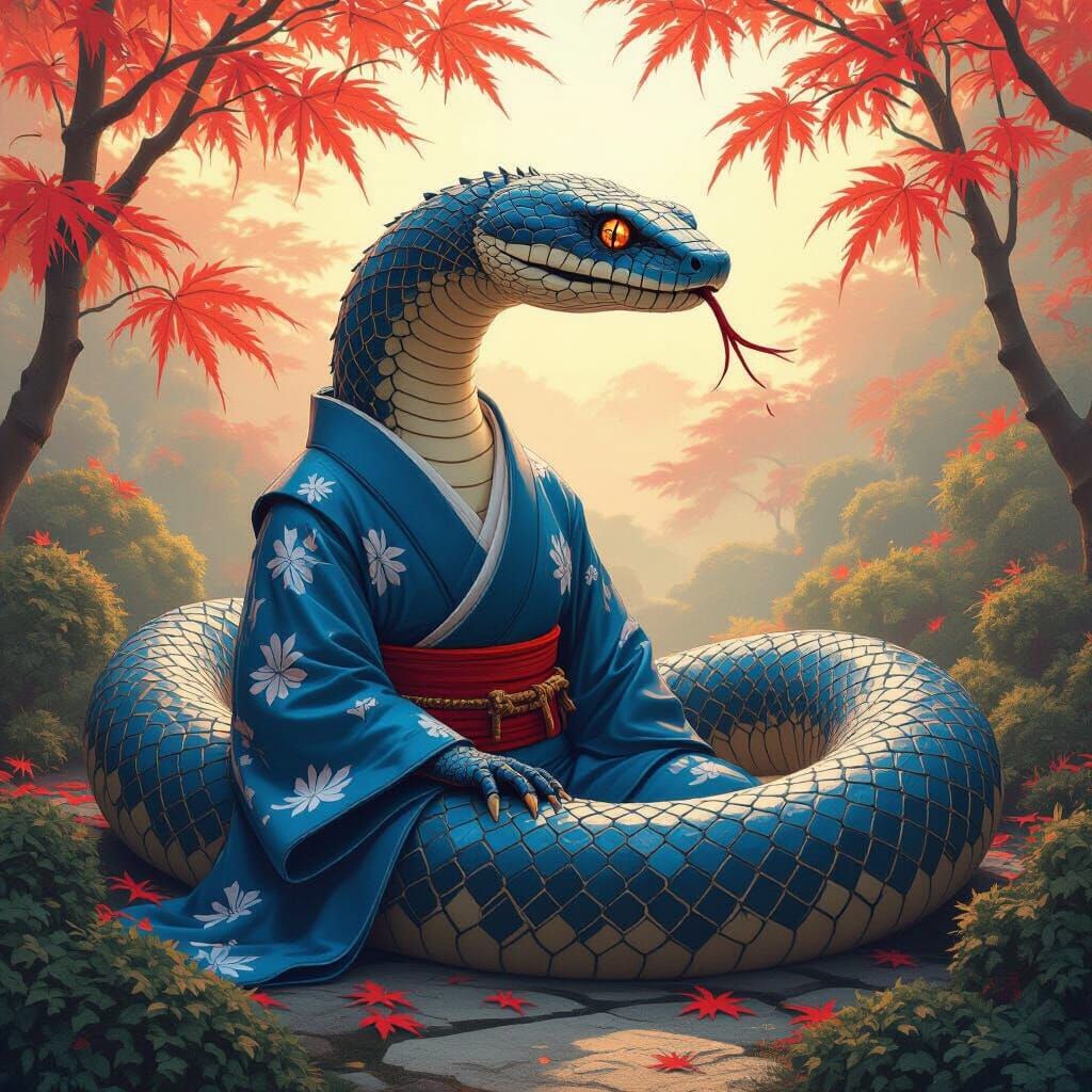 Surrealist painting. A giant anthropomorphic rattlesnake wea...