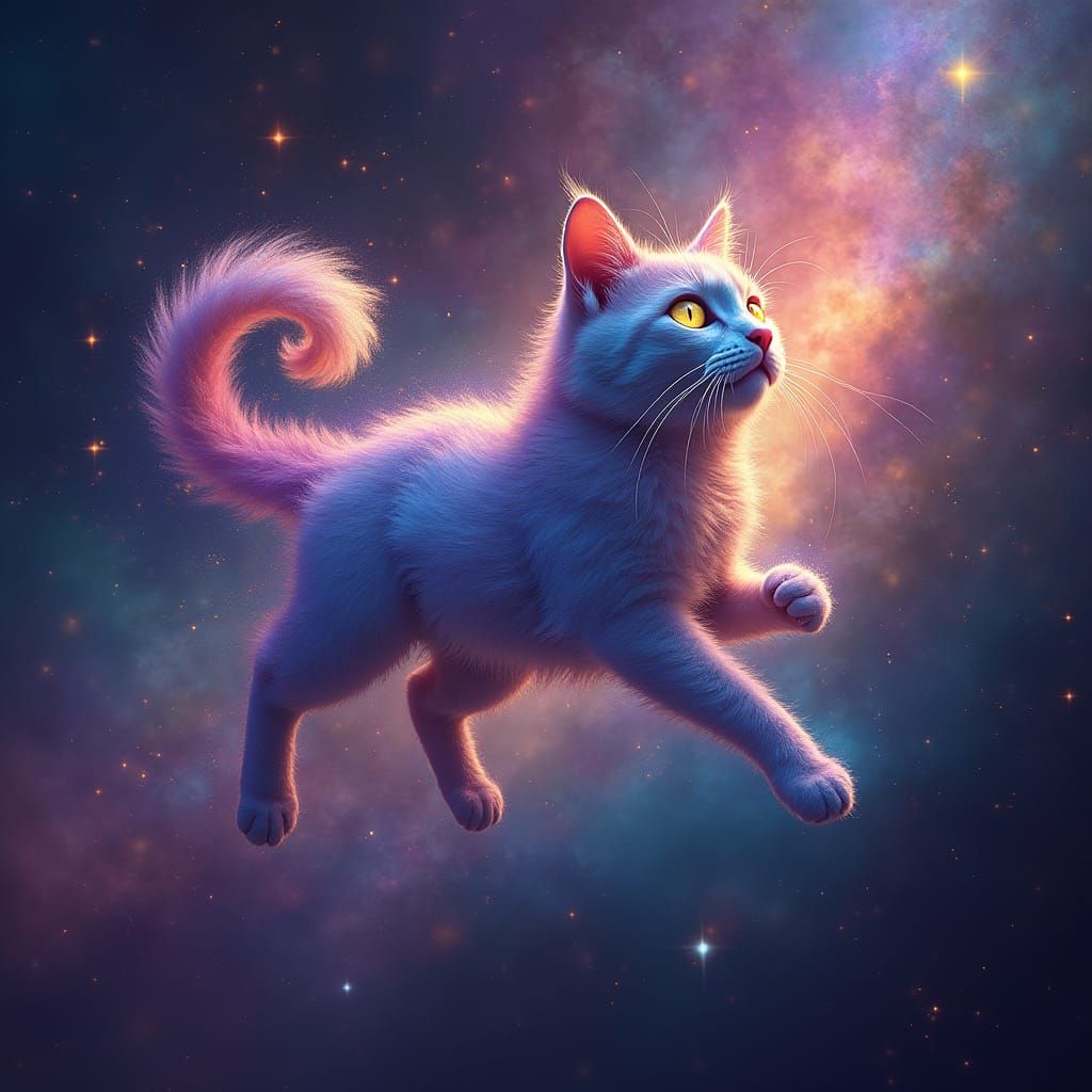 Cosmic Cat Leaps Through Nebula in Digital Art