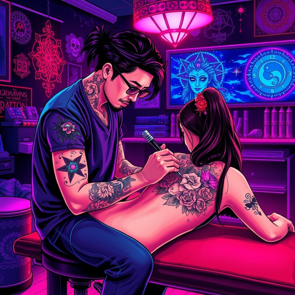 Tattoo Artist Creates Cosmic Back Piece in Dark Studio