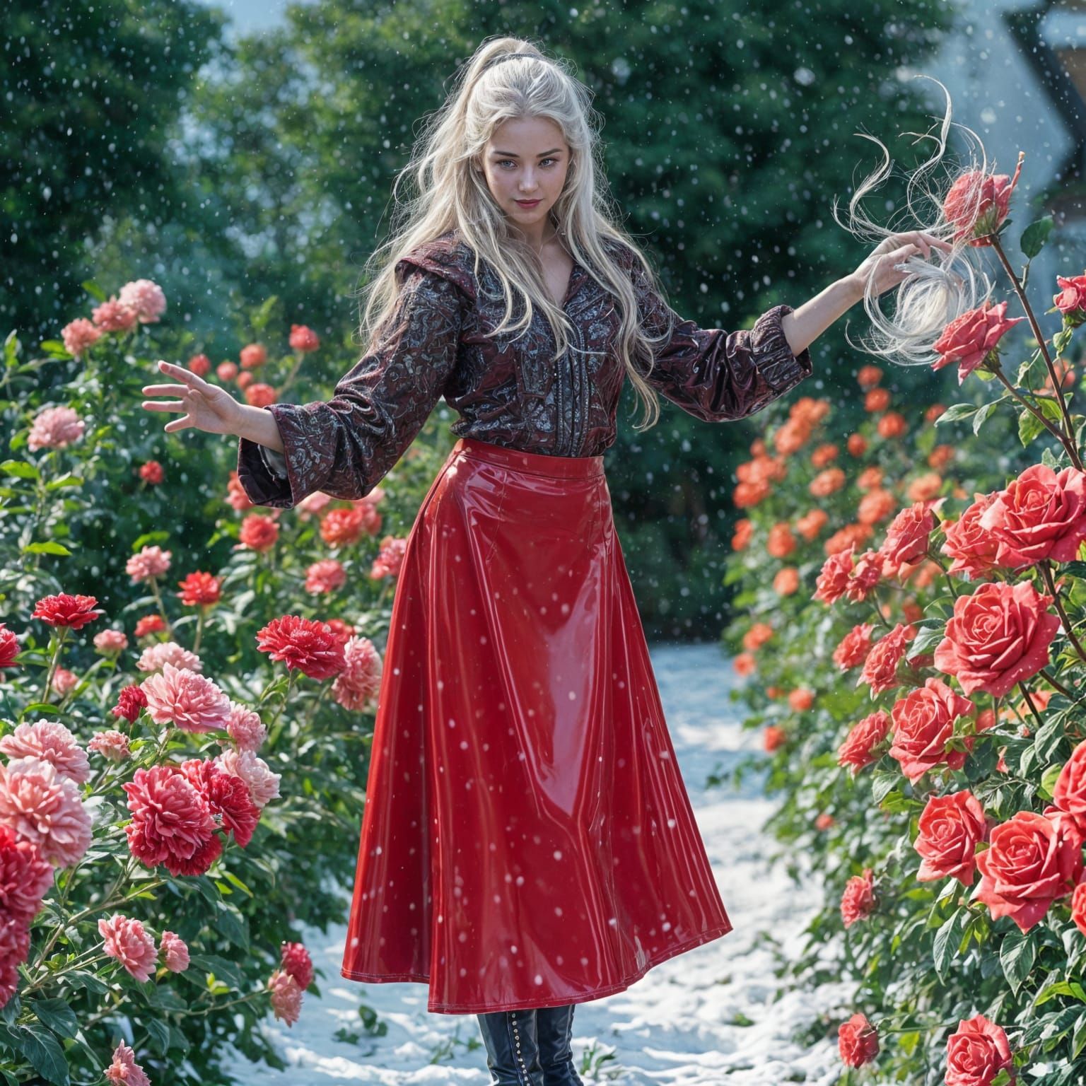 Woman in Red PVC Skirt Dancing in Snow