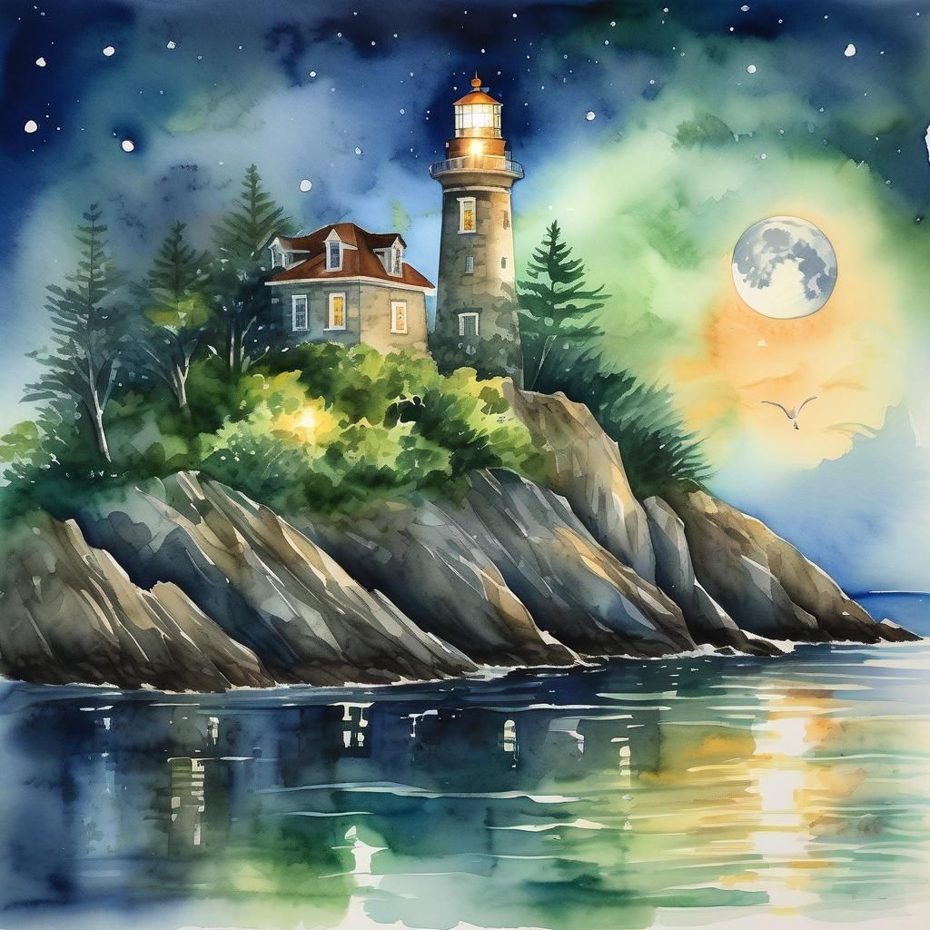 Night Scene of Lighthouse on Rocky Island as Watercolor