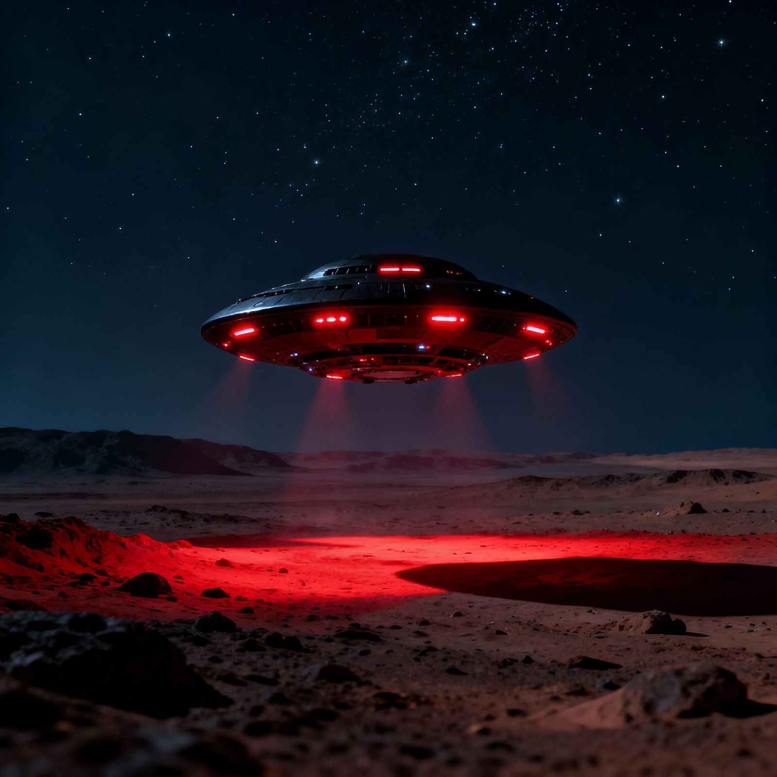 Menacing Black UFO With Red Lights Over Mars