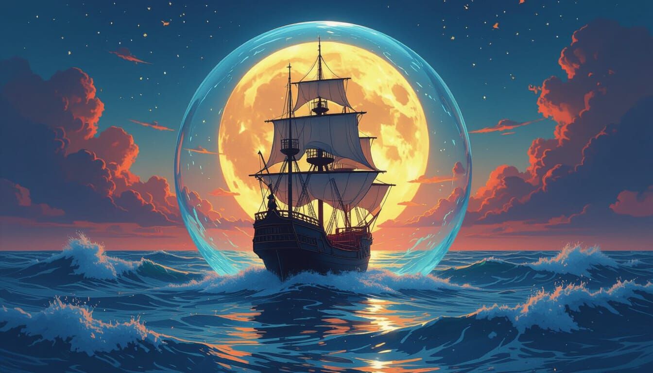 Ship Inside Water Sphere in Dreamlike Digital Art