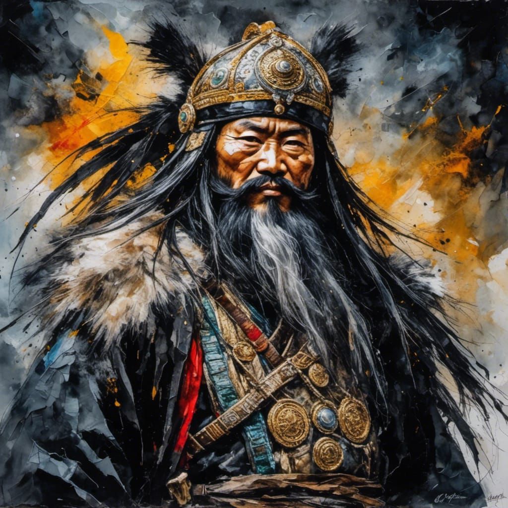 Mongolian Warlord in Impasto Water-Ink Style