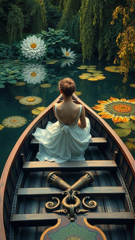 Woman in Boat Reflecting Floral Patterns, Klimt Style