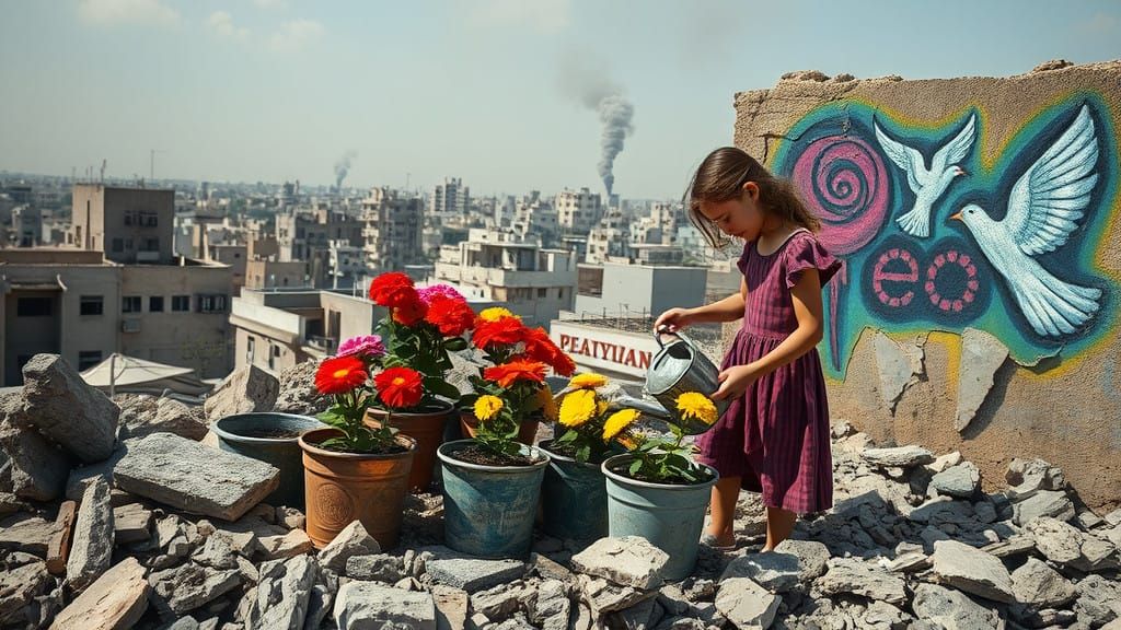 Surreal War Scene of Hope Amidst Desolation in Brutal Realis...