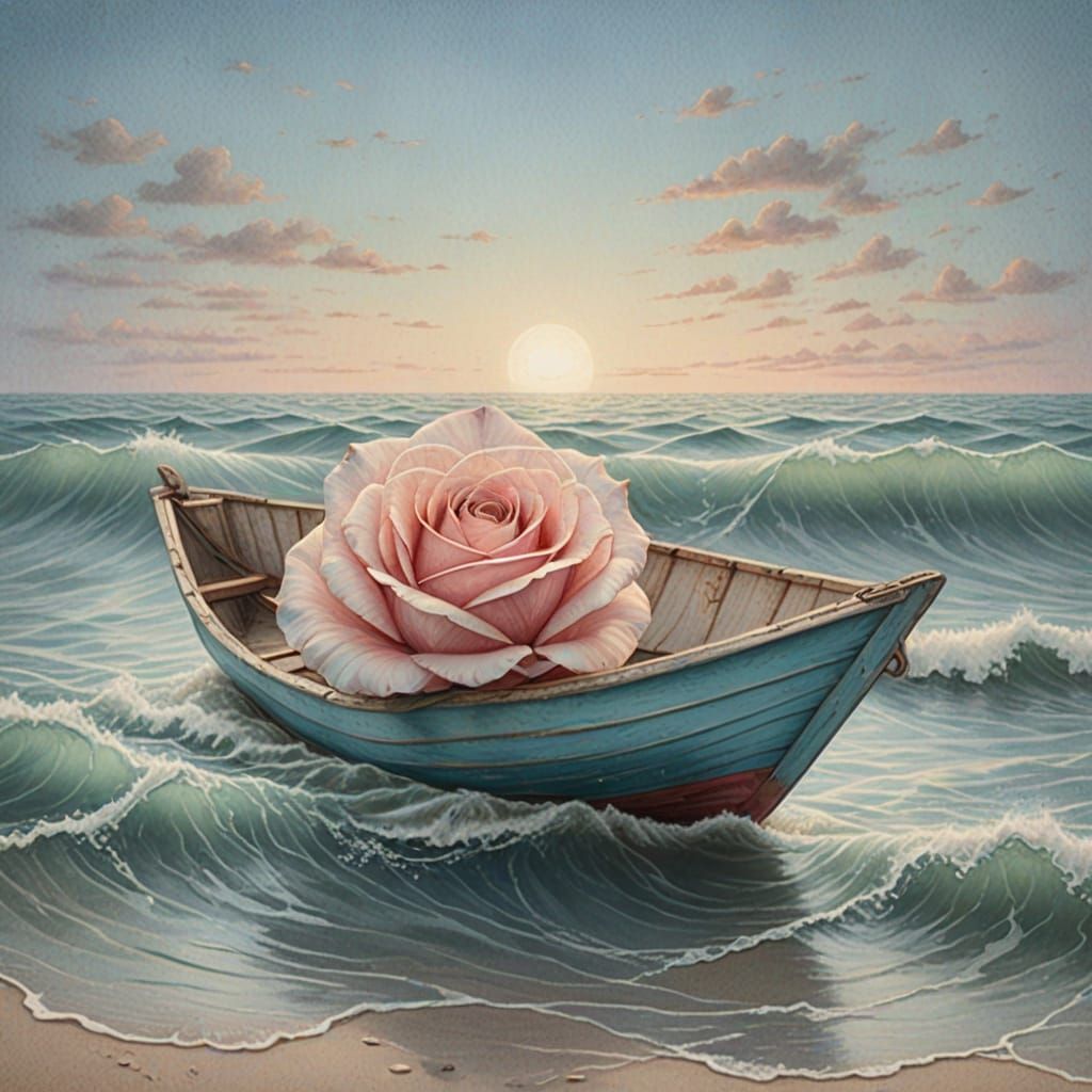 Dreamy Paper Boat Carries Delicate Rose on Calm Waters