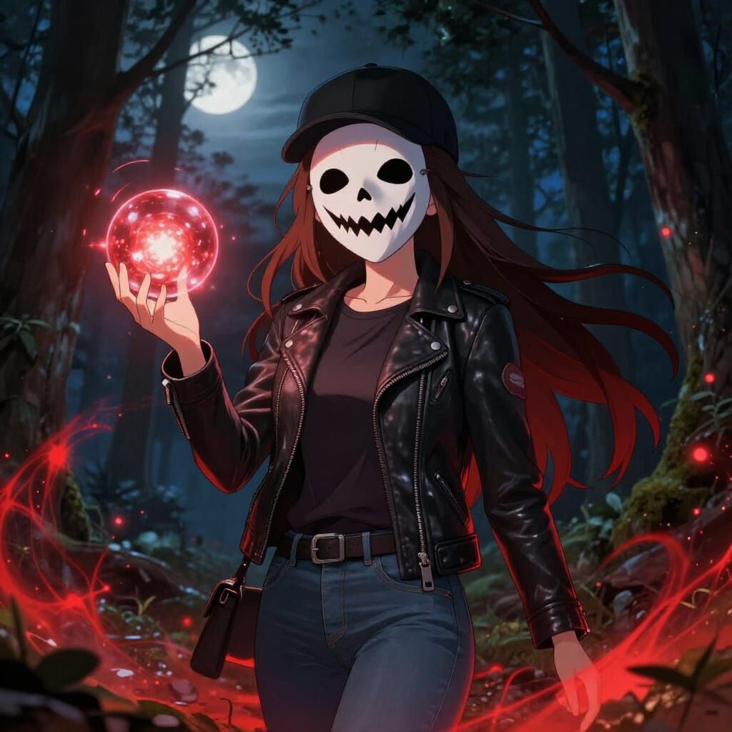 Anime Girl with Scary Mask Holds Glowing Orb in Moonlit Fore...