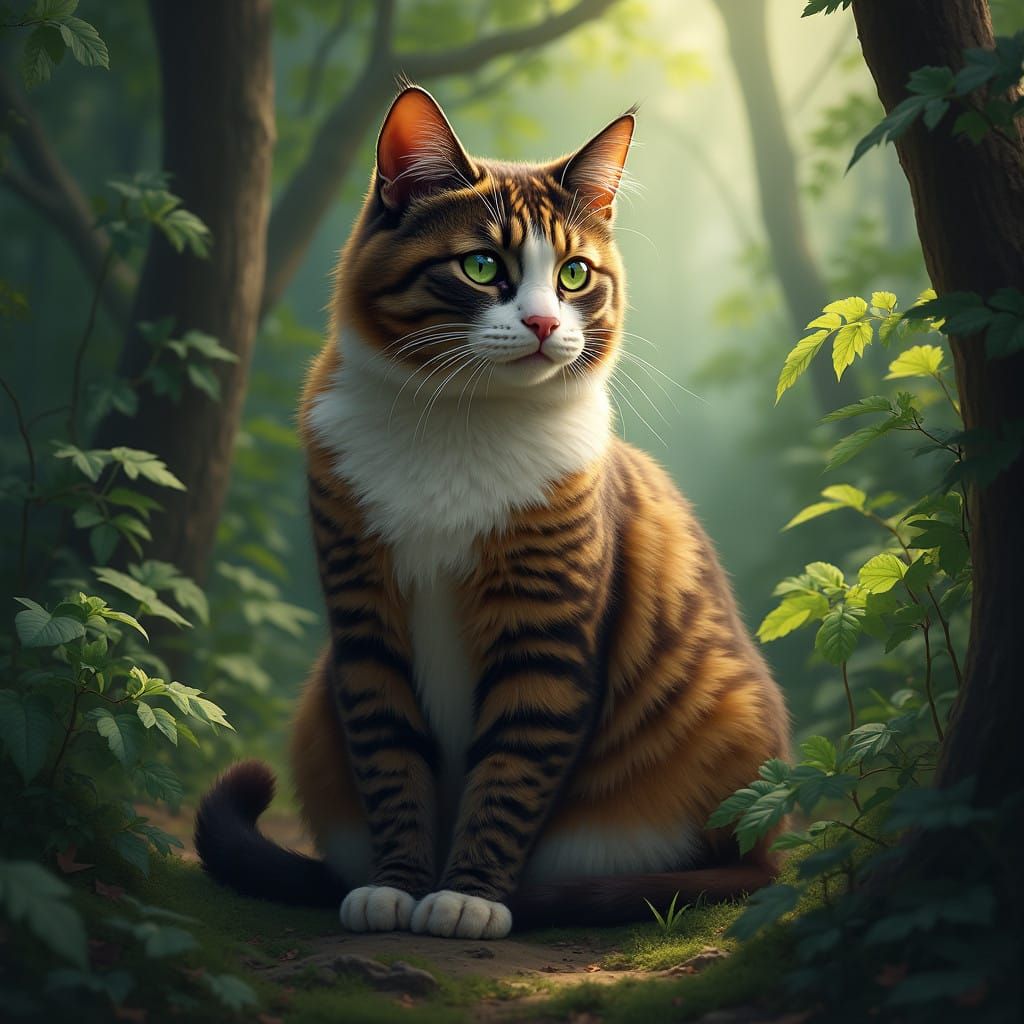 Luxurious Tortoiseshell She-Cat in Mystical Forest