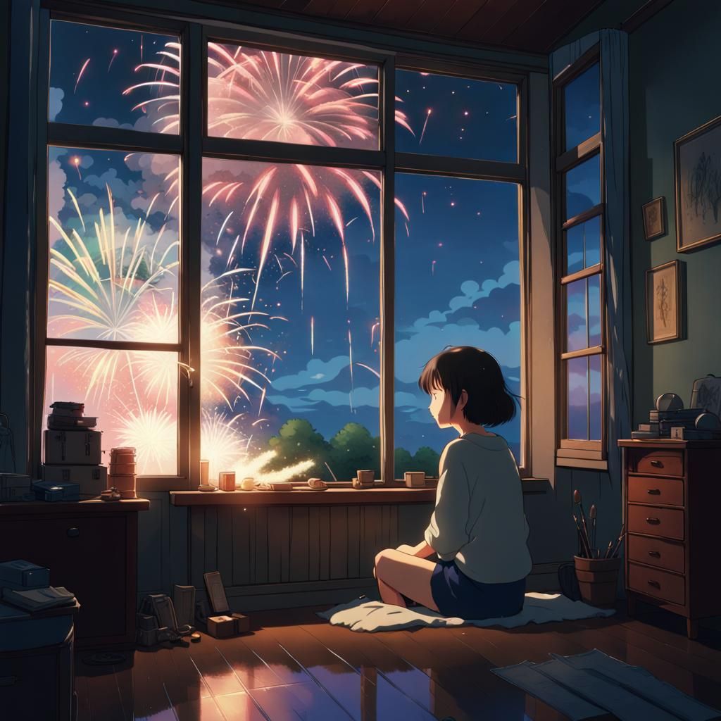 Sad Woman and Fireworks: Studio Ghibli Anime
