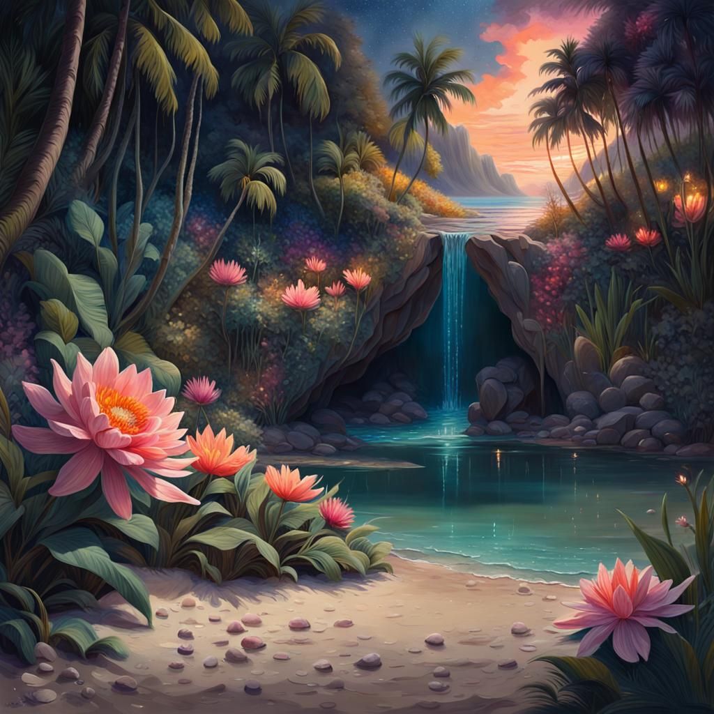 Magical Secret Beach at Night in Gouache Style