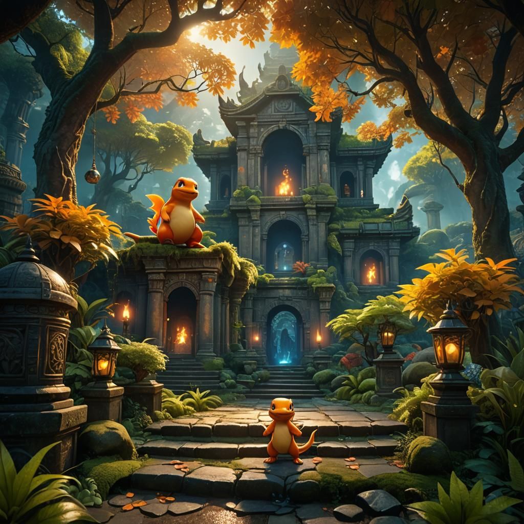 Charmander in Mystical Temple Garden