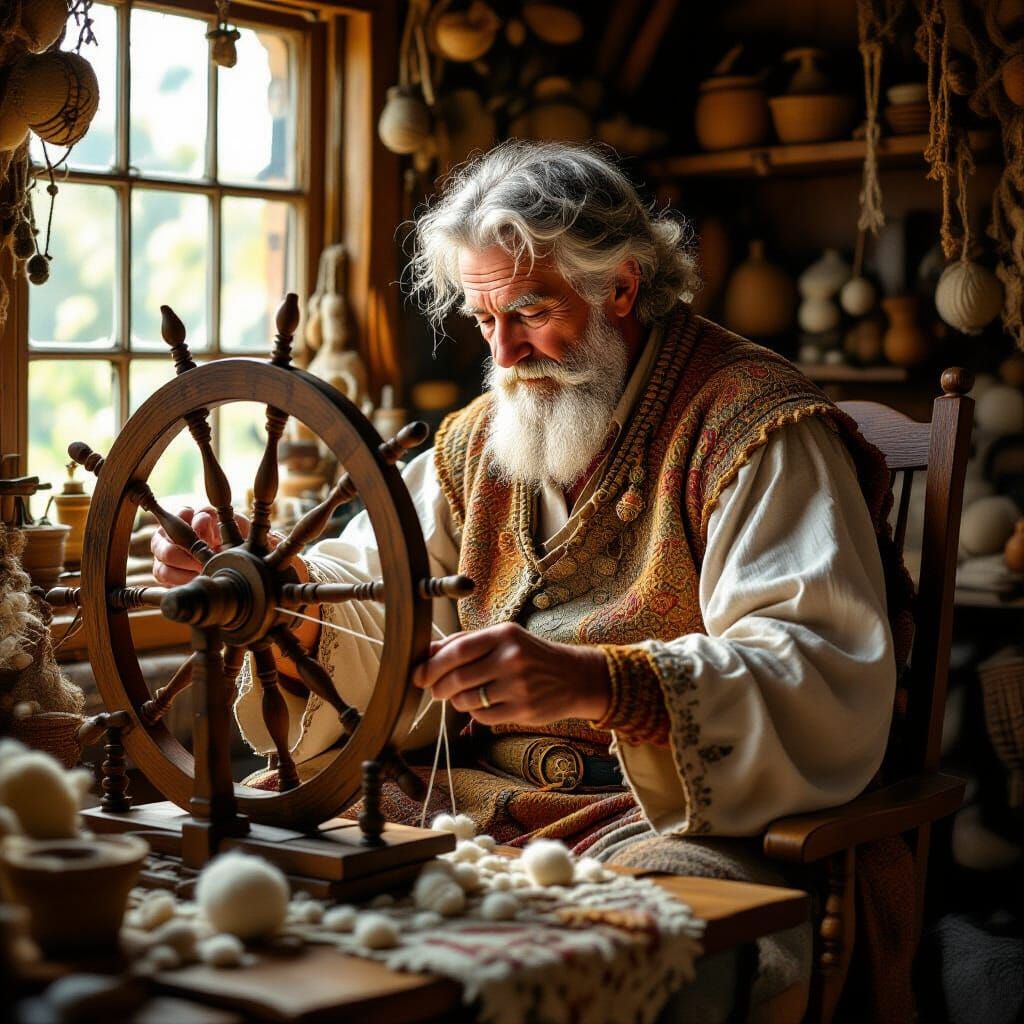 Enchanted Workshop: Old Man Spinning Cotton Thread