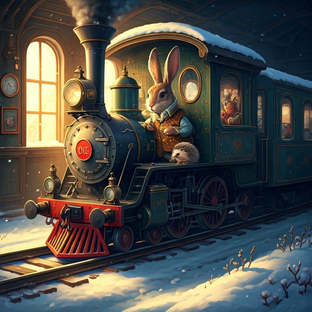 Vintage Train Chugs Along Snowy Tracks with Whimsical Cabin ...