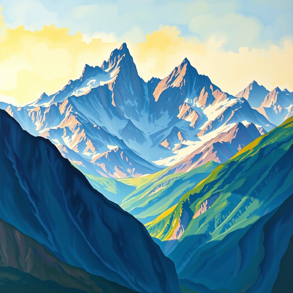 Mountain Range in Gouache and Watercolor Style