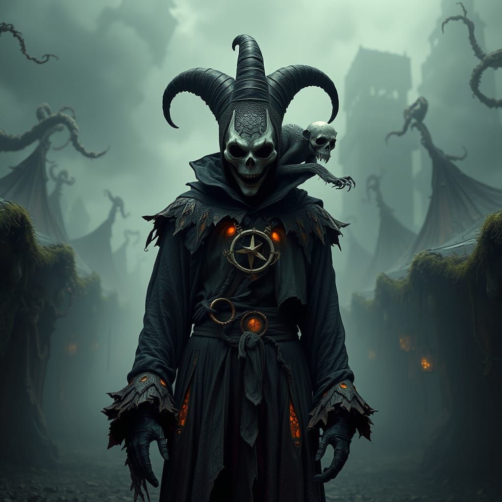 A lone, spectral jester clad in tattered, glowing robes, his face obscured by a porcelain mask, stands in a vast, mist-s...