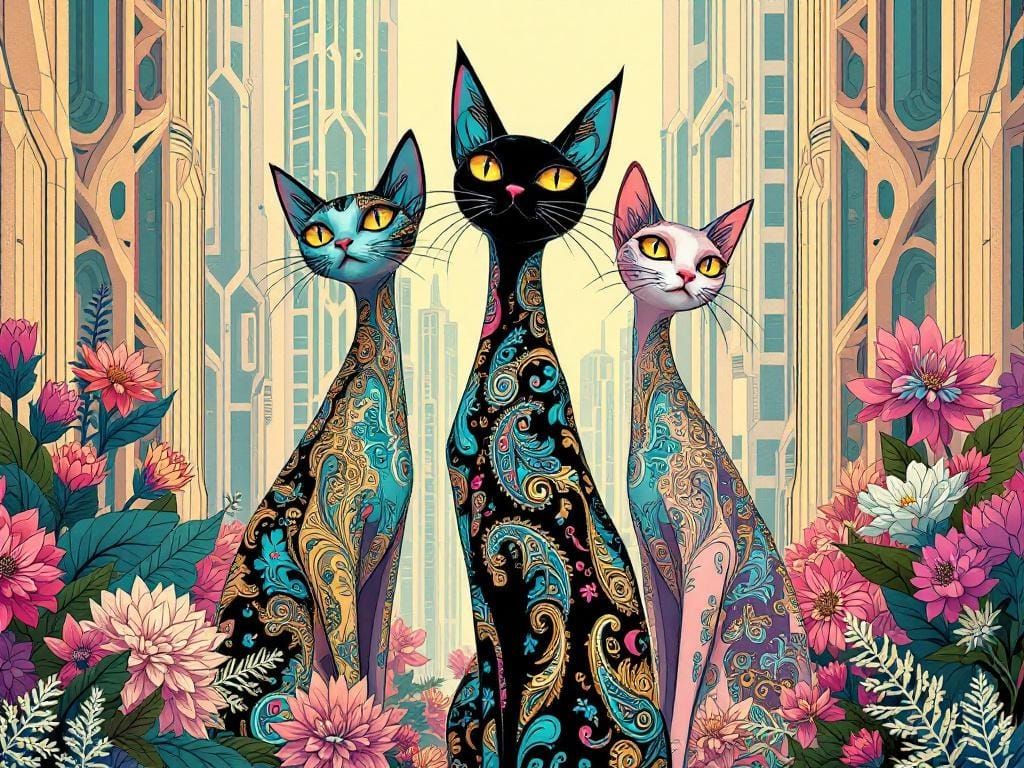 Stylized Cats in Futuristic Cityscape Illustration