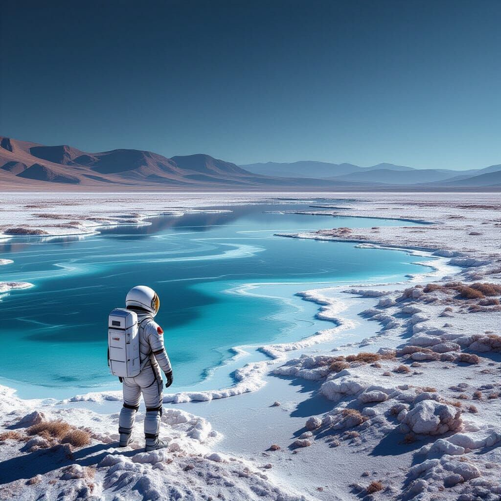 Astronaut Explores Alien Lake Natron Landscape