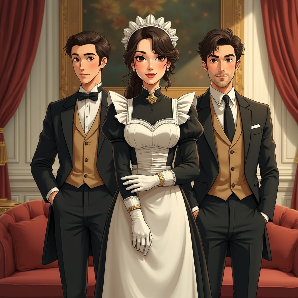 Elegant Maid with Masters in Luxurious Living Room