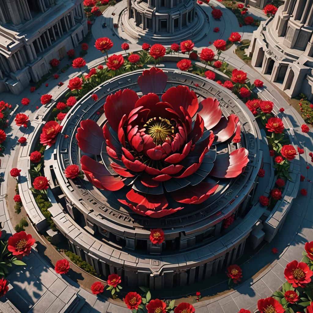 Gazimestan Monument Encircled by Red Peony, Sci-Fi Style
