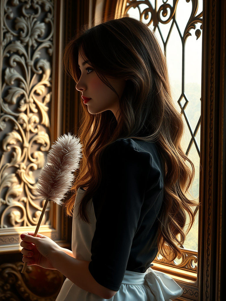 Girl at Ornate Window in Detailed Digital Art