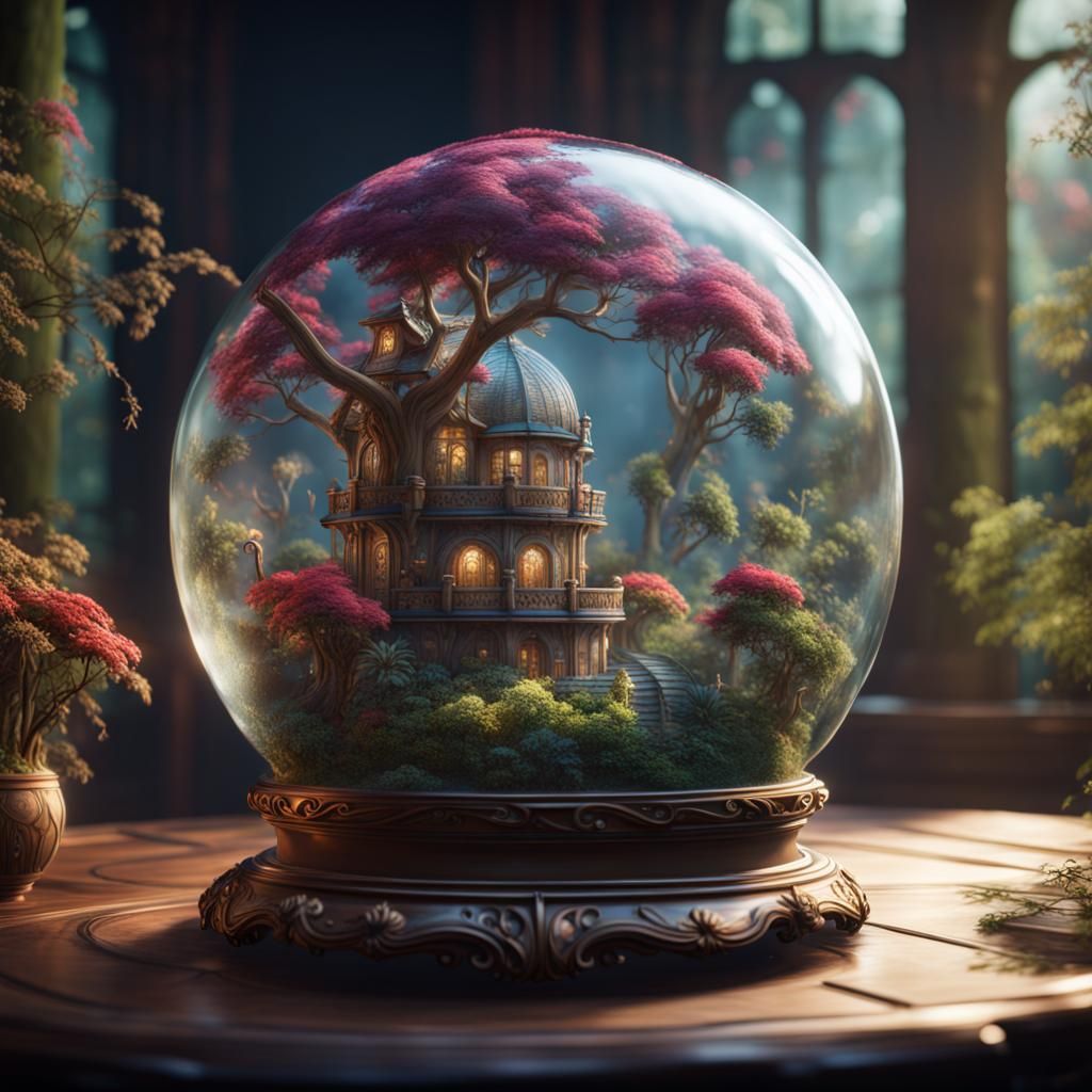 Utopian Garden Inside Glass Globe: Detailed Digital Art