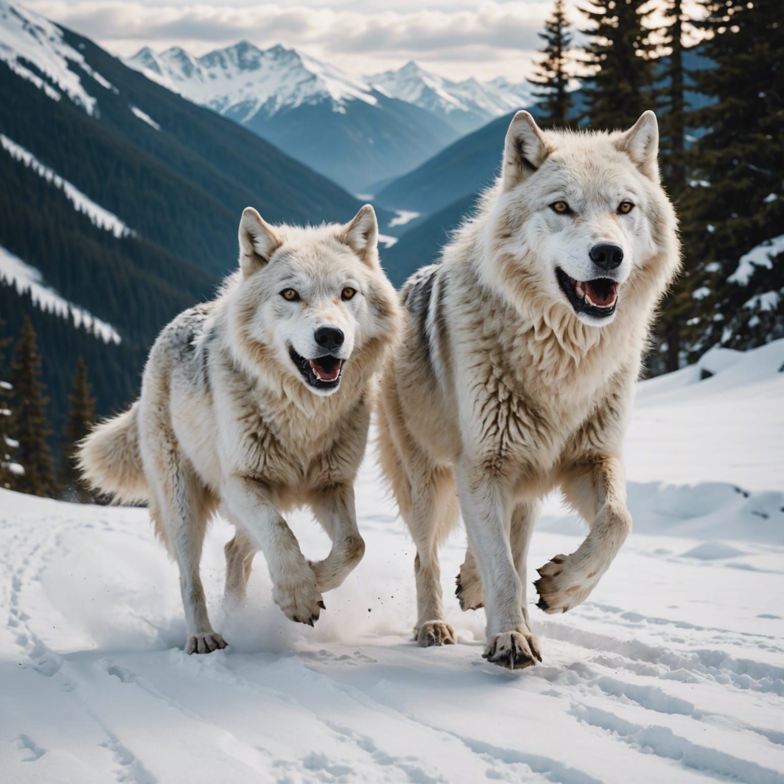 White Wolves Running in Snowy Mountain Valley