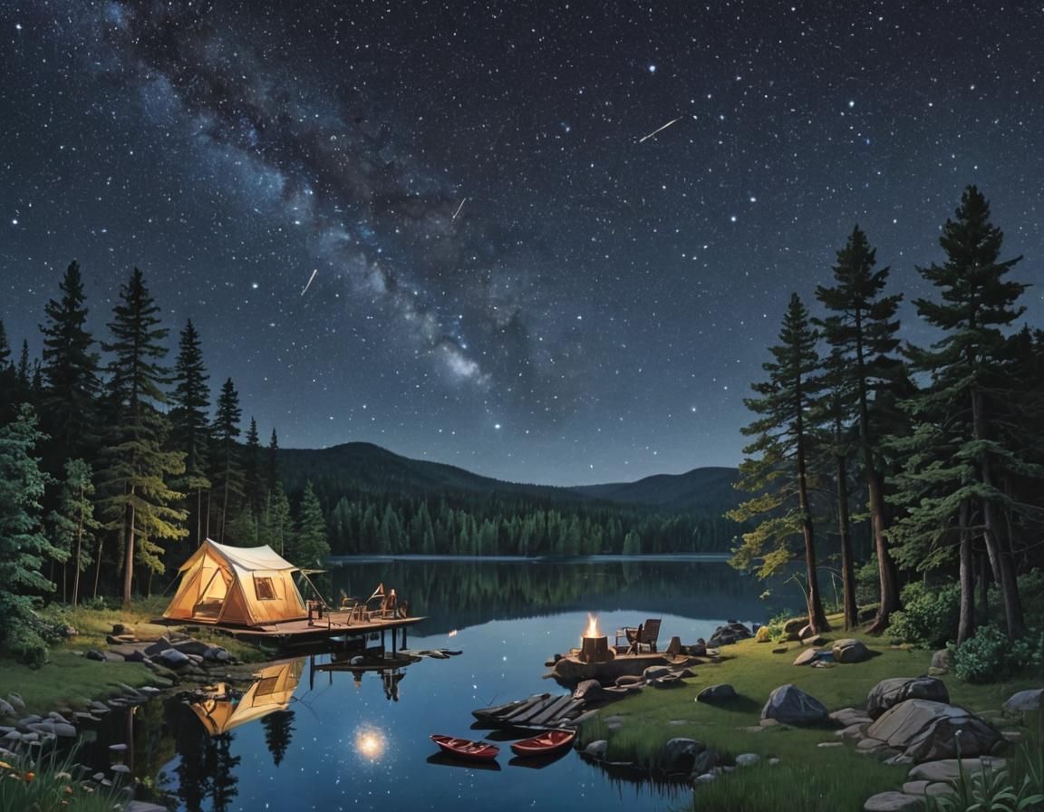 Whimsical Lakeside Camping Under Shooting Starry Sky