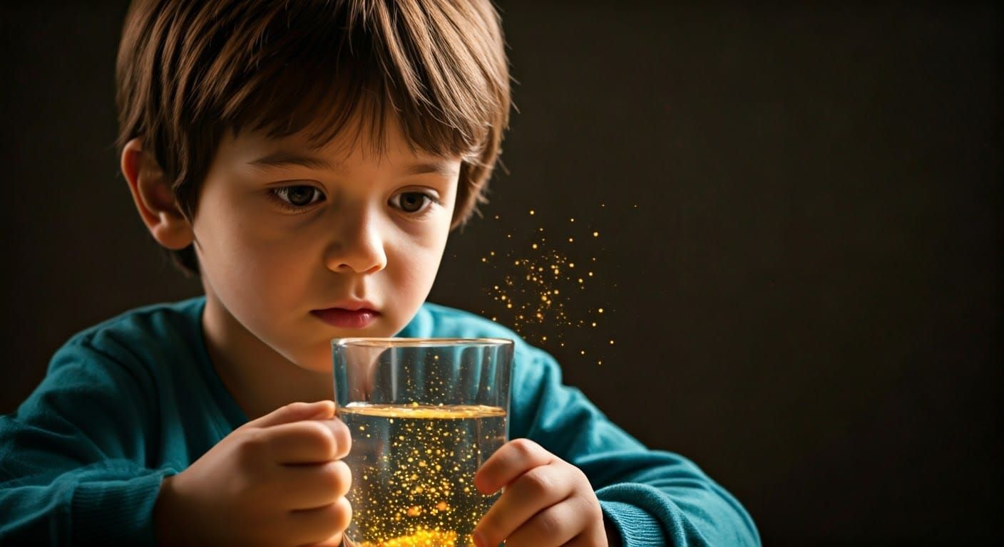 Ethan, the curious young boy watches as tiny sparkles of gol...