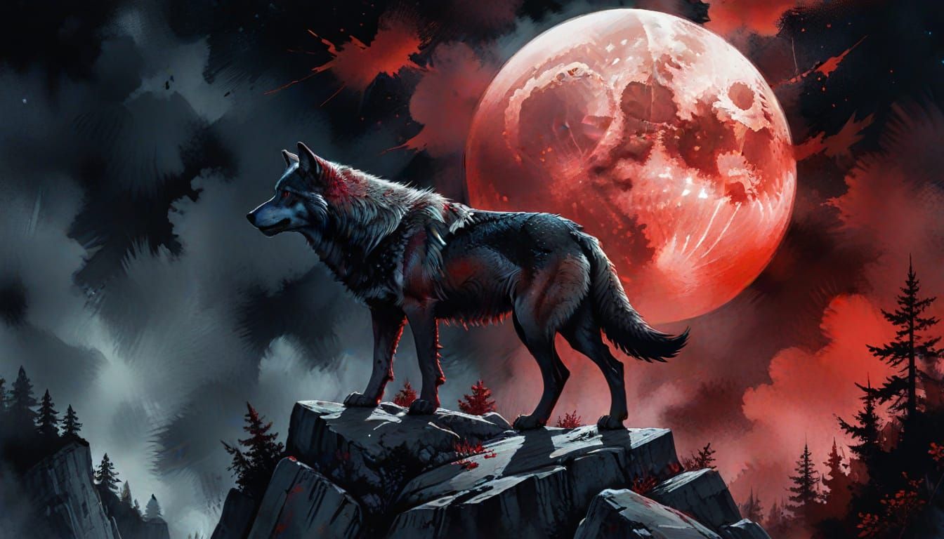 Wolf Silhouette Against Blood Moon Over Mountains