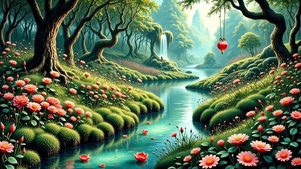 Enchanting Landscape with Lush Greenery and Vibrant Flowers