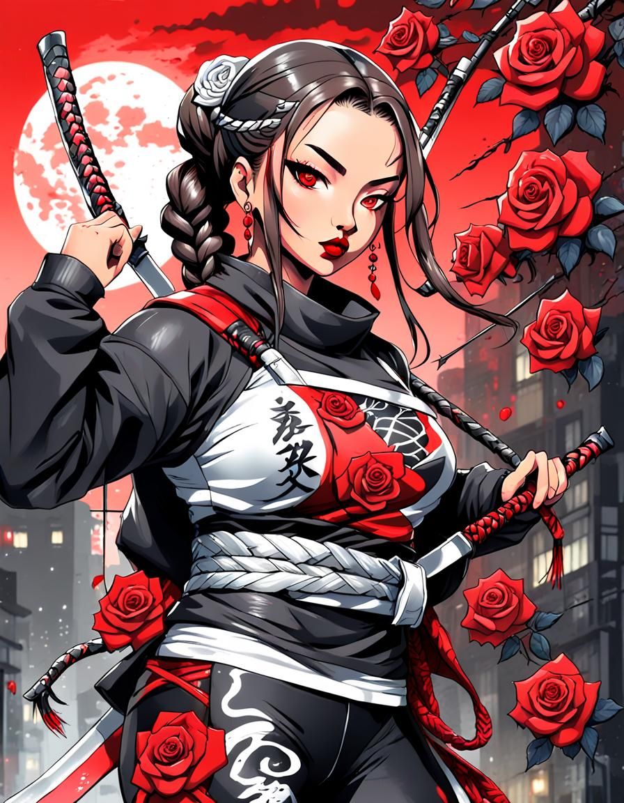 Brunette Ninja Kunoichi with Rose Prints in Tokyo
