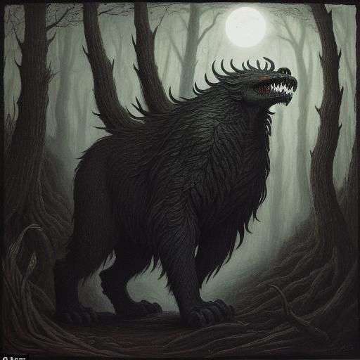 Night Beast Hiding in Dark Forest, Expressionist Style