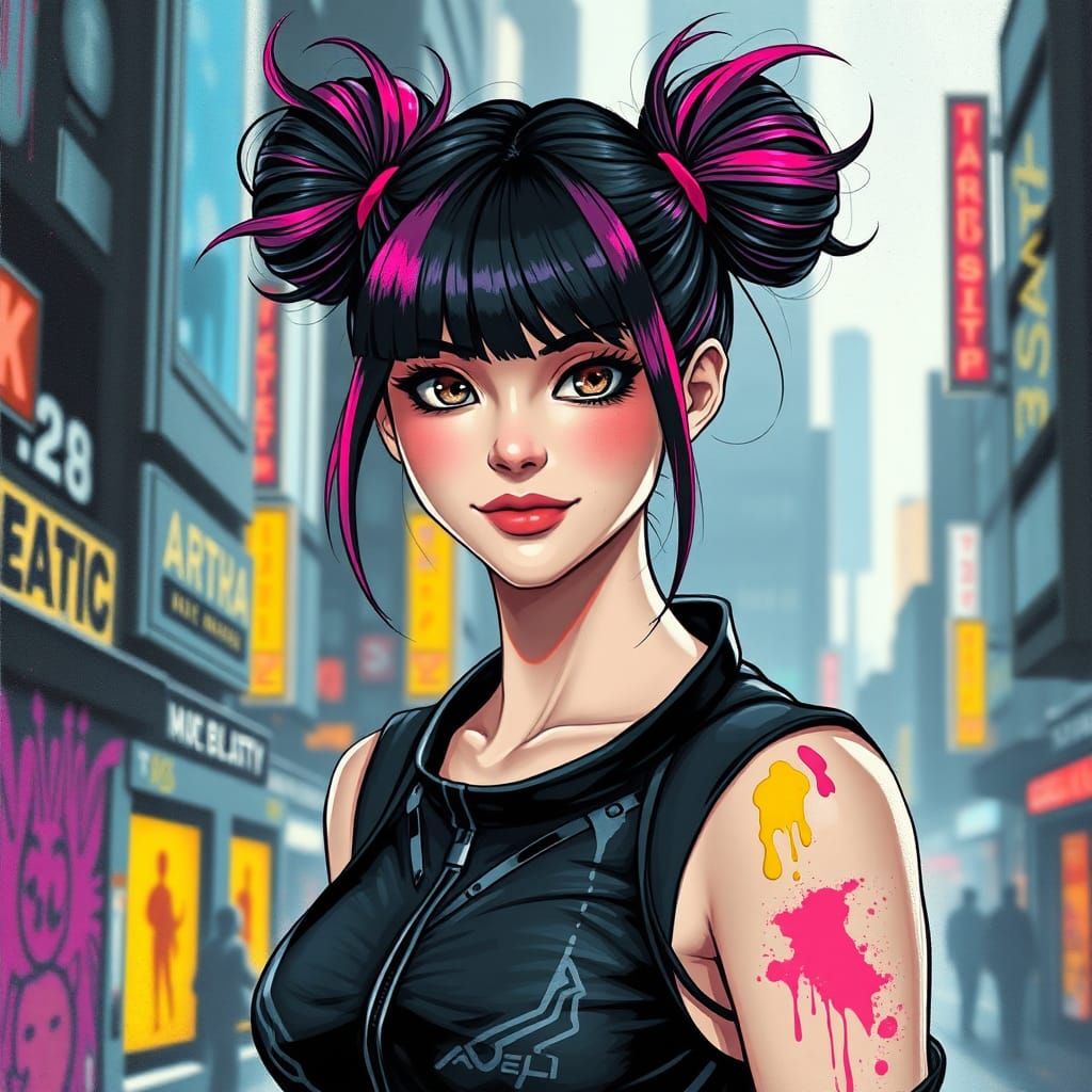 Sci-Fi Heroine in Futuristic City: Graffiti Art Style