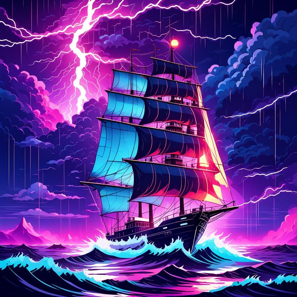 Sailing Ship Amidst Stormy Sea in Synthwave Style