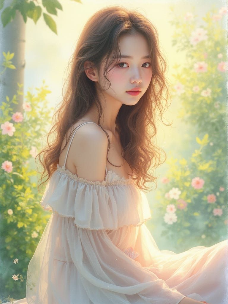 Ethereal Japanese Woman in Watercolor Garden