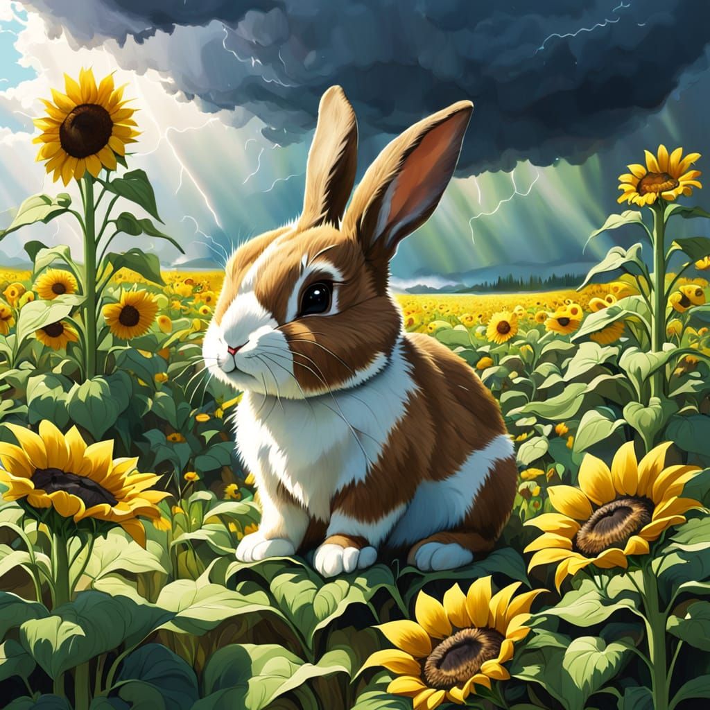 Cute Bunny Cuddles Sunflower in Rainy Field