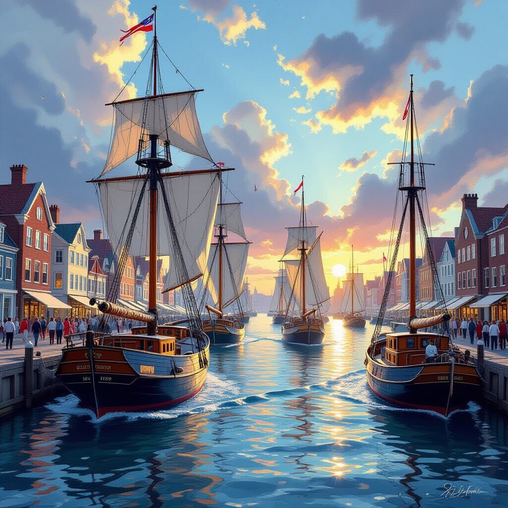 1779 Schooners in Bustling Harbor, Hyperrealistic Splash Art