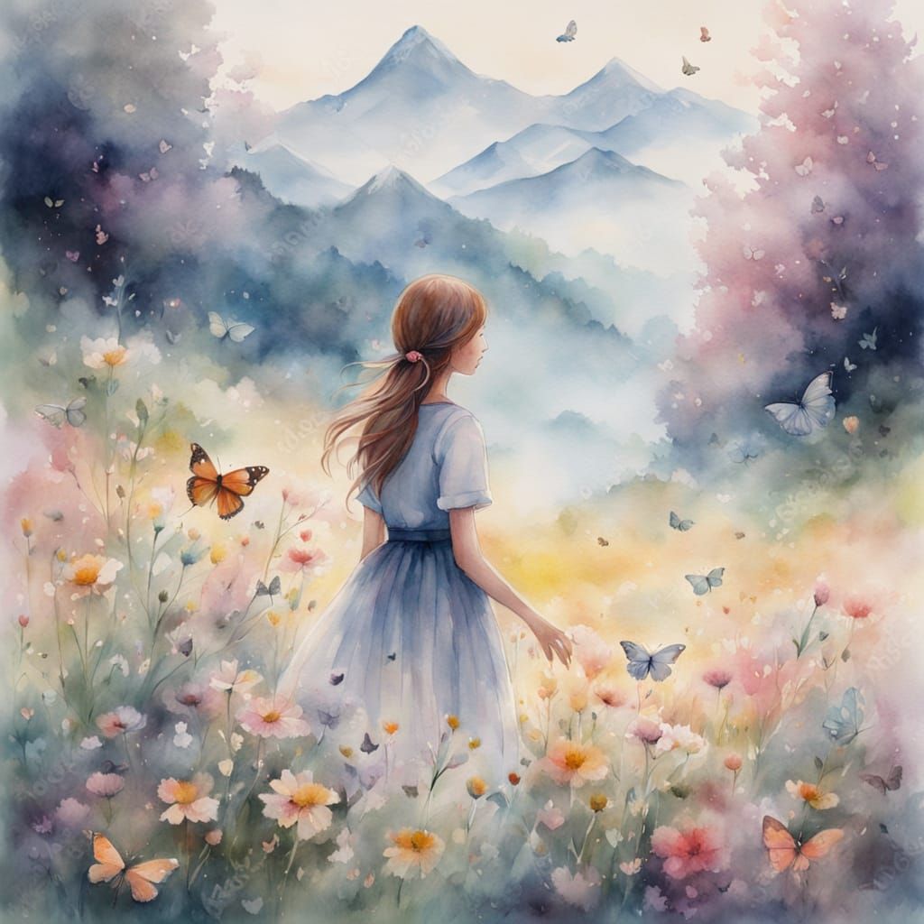 Girl in Alpine Meadow: Whimsical Watercolor Painting