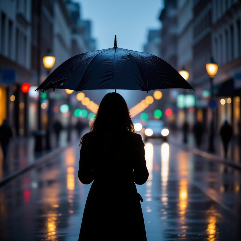 Woman with Umbrella in Rainy City Twilight