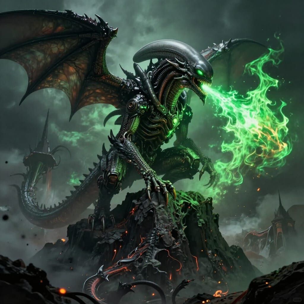 Alien Dragon Breathes Emerald Fire on Volcanic Peak
