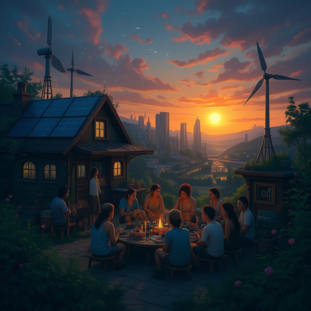 Solarpunk Resilience Party in Vibrant Oil Painting Style