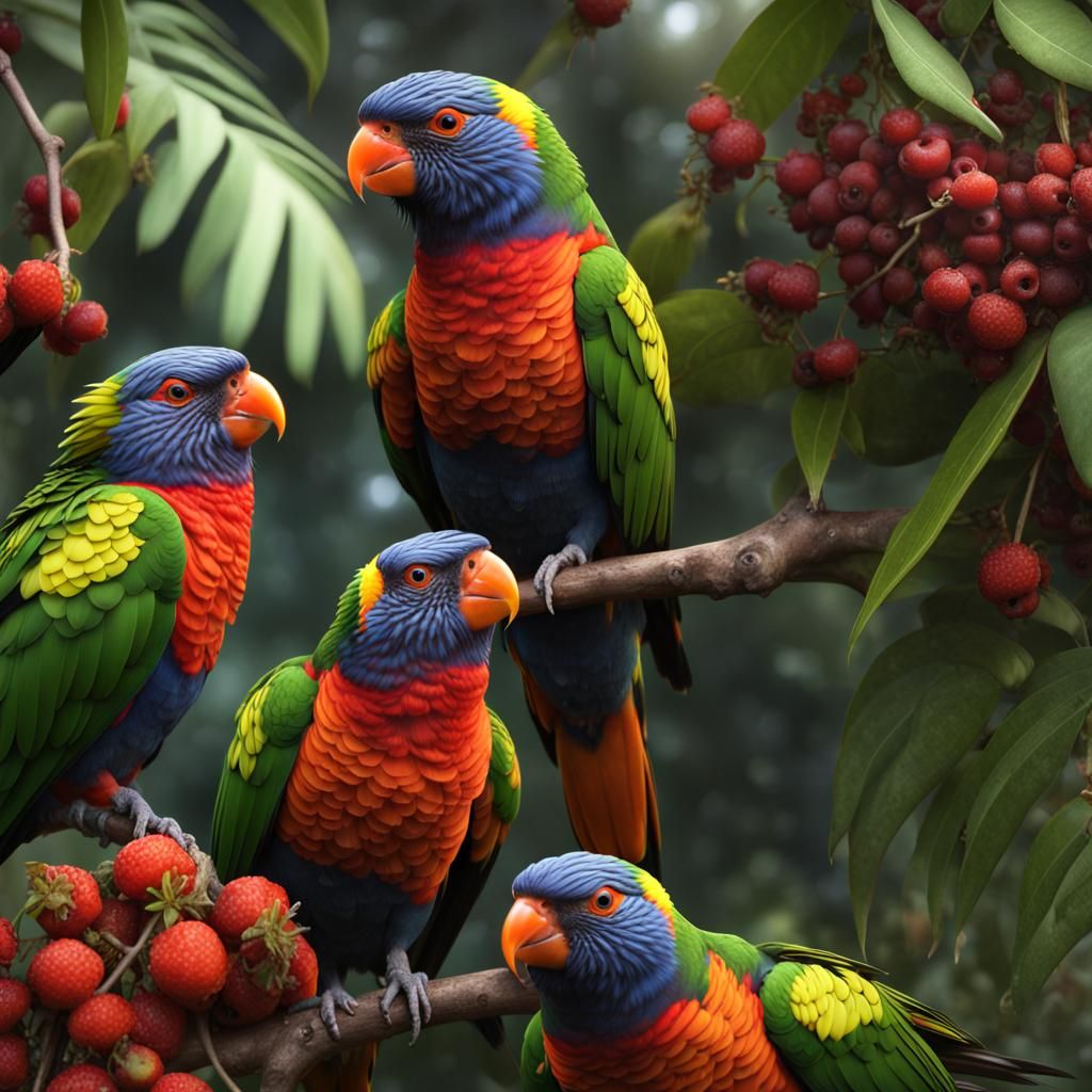 Lorikeets Feeding in Rainforest, Detailed Matte Painting