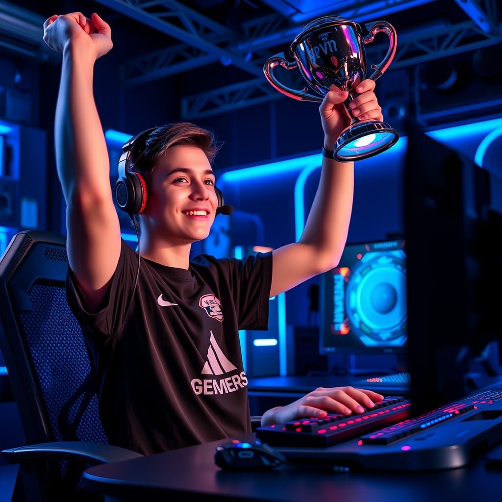 Esports Champion Celebrates Victory in Neon Arena