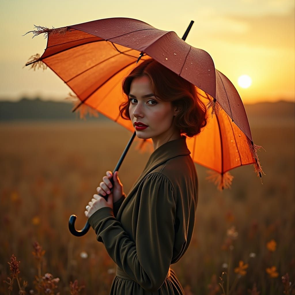 Woman with Umbrella in Autumn Field, Photorealistic