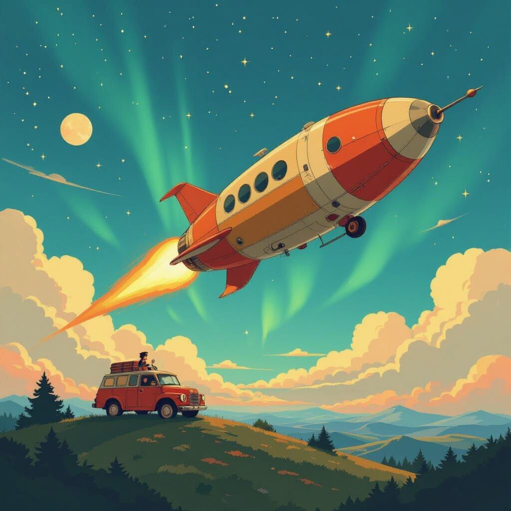 Steampunk Tintin Rocket Launch Under Aurora Sky