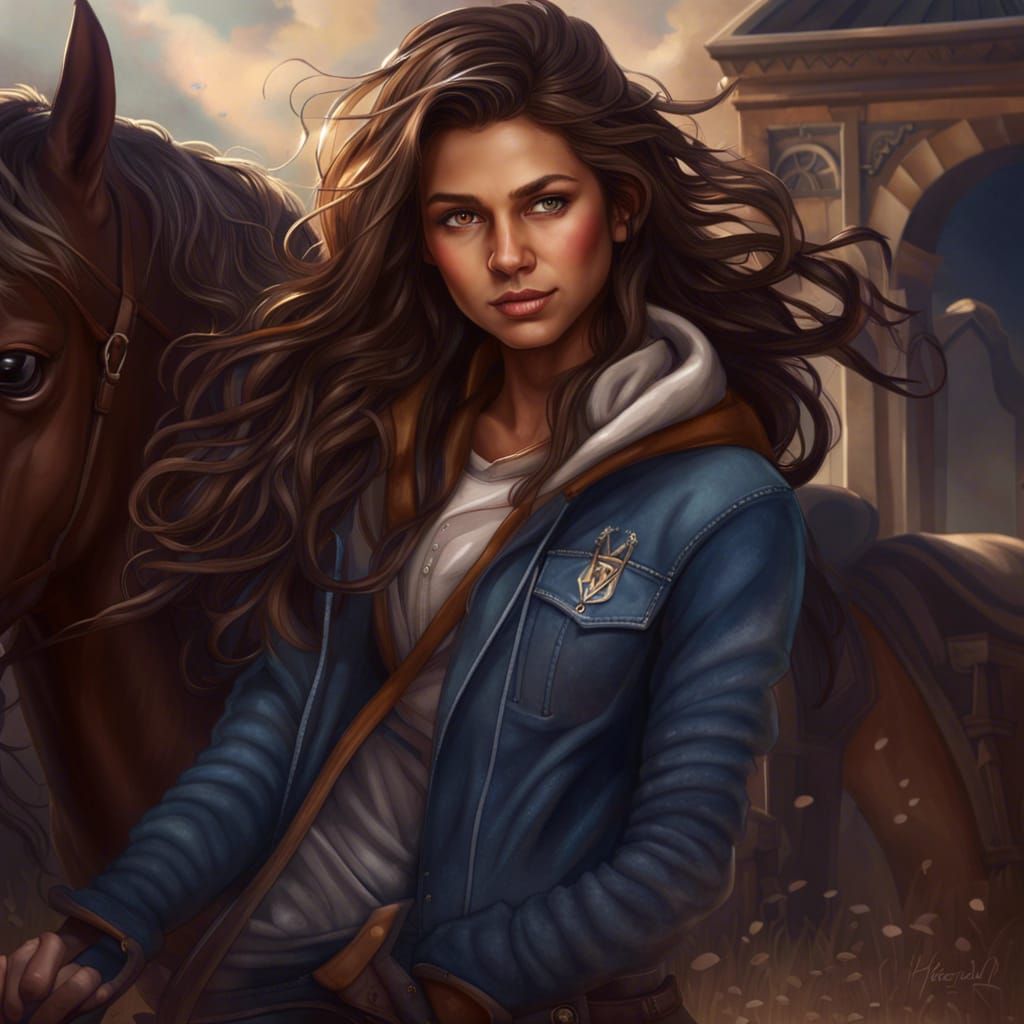 Athletic Girl with Horse Hoodie in Detailed Matte Painting